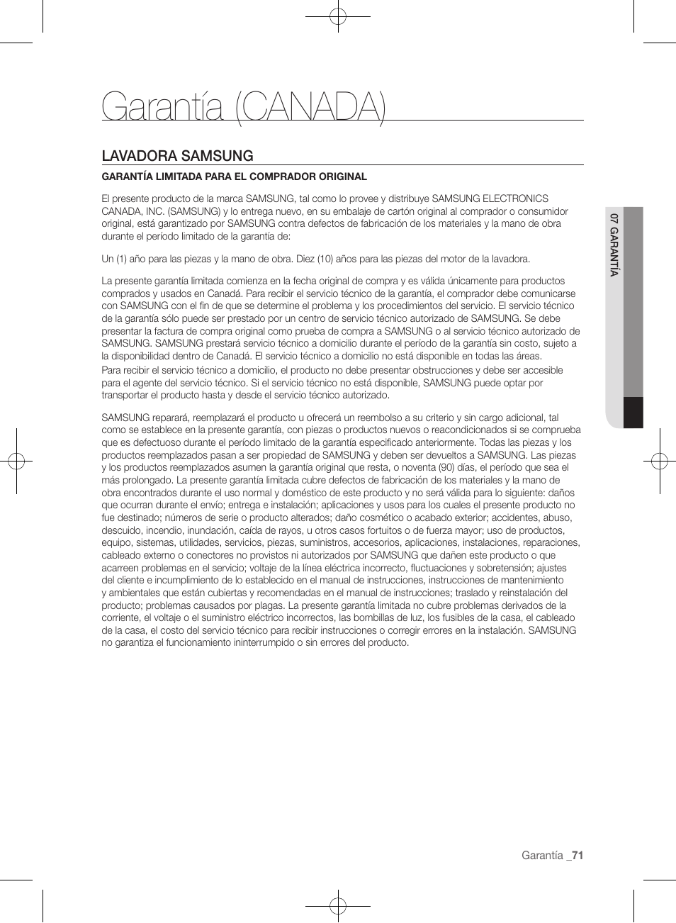 Garantía (canada), Lavadora samsung | Samsung WF457ARGSGR-AA User Manual | Page 223 / 228