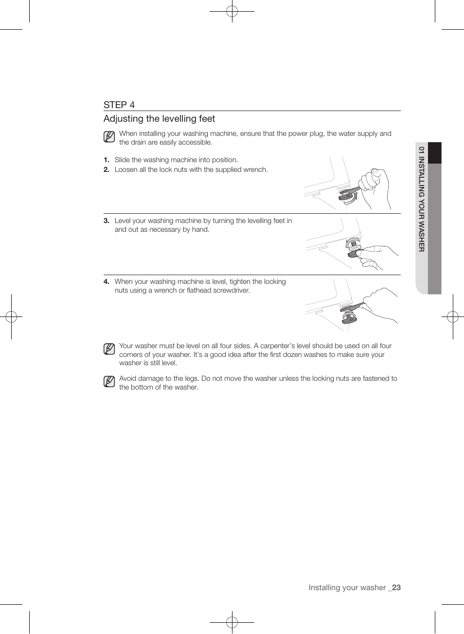 Step 4 adjusting the levelling feet | Samsung WF457ARGSGR-AA User Manual | Page 23 / 228
