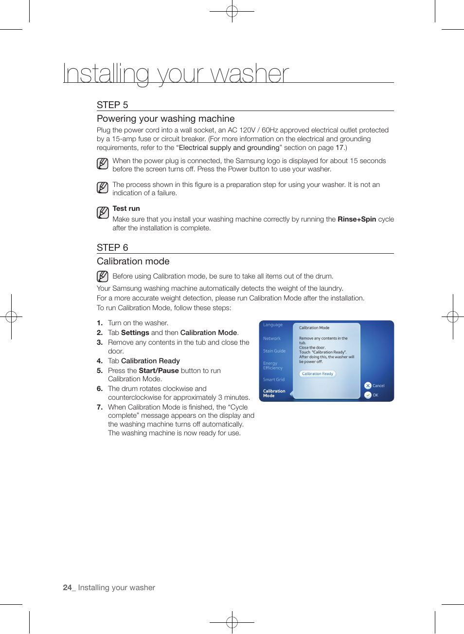 Installing your washer | Samsung WF457ARGSGR-AA User Manual | Page 24 / 228