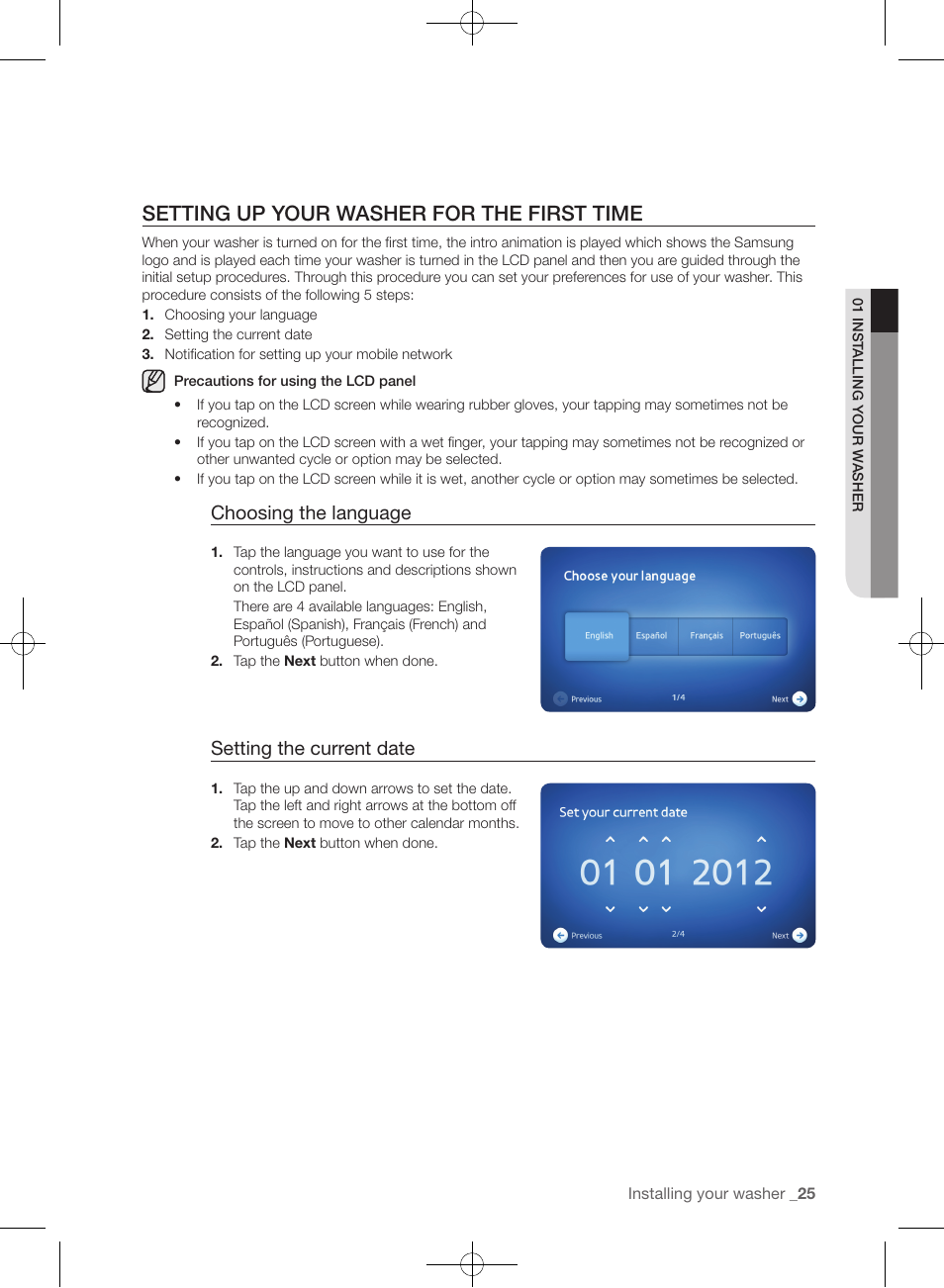 Setting up your washer for the first time, Choosing the language, Setting the current date | Samsung WF457ARGSGR-AA User Manual | Page 25 / 228