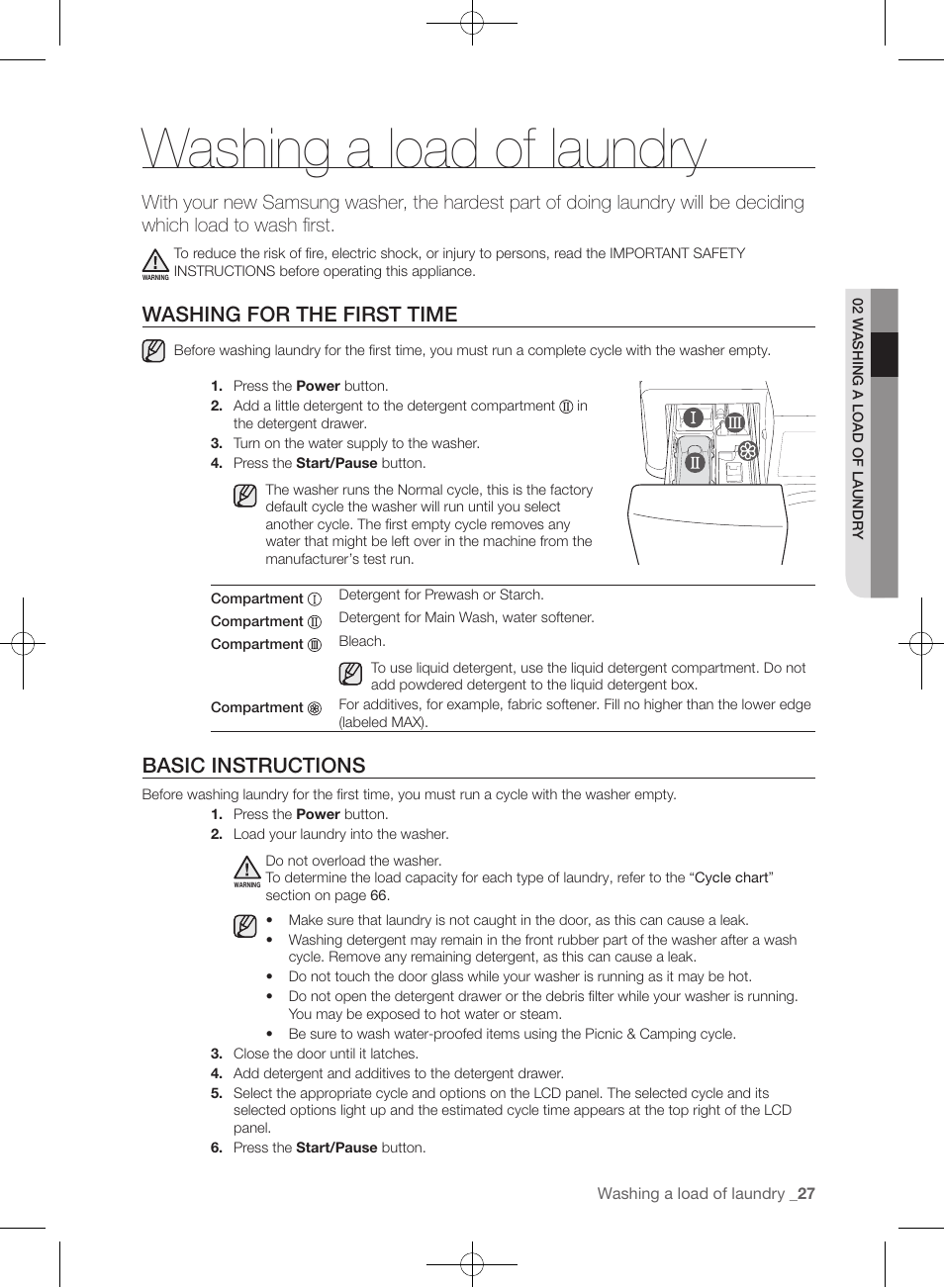 Washing a load of laundry, Washing for the first time, Basic instructions | Samsung WF457ARGSGR-AA User Manual | Page 27 / 228