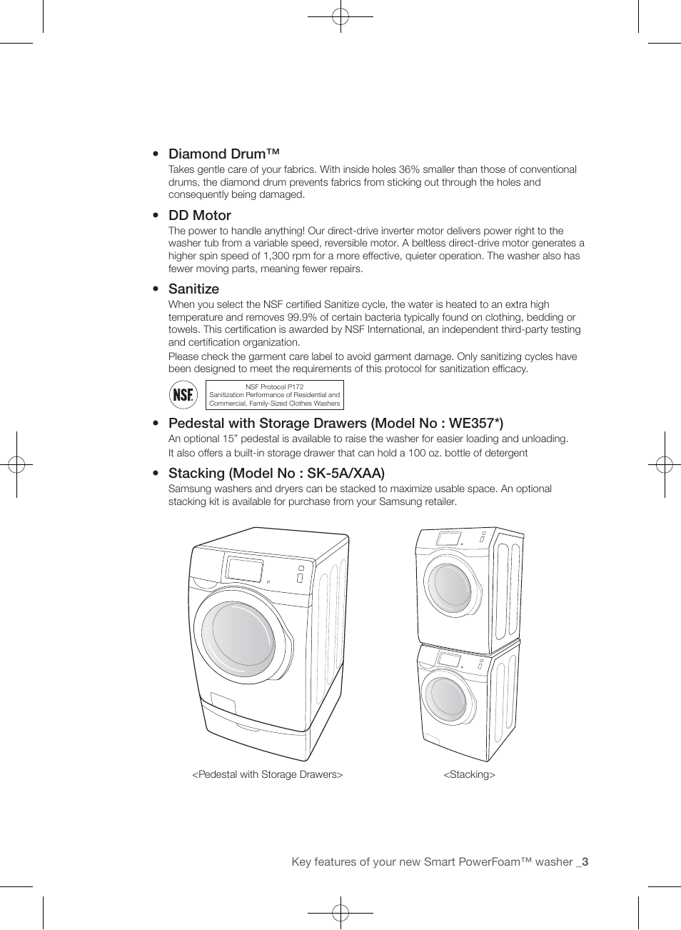Diamond drum, Dd motor, Sanitize | Pedestal with storage drawers (model no : we357*), Stacking (model no : sk-5a/xaa) | Samsung WF457ARGSGR-AA User Manual | Page 3 / 228