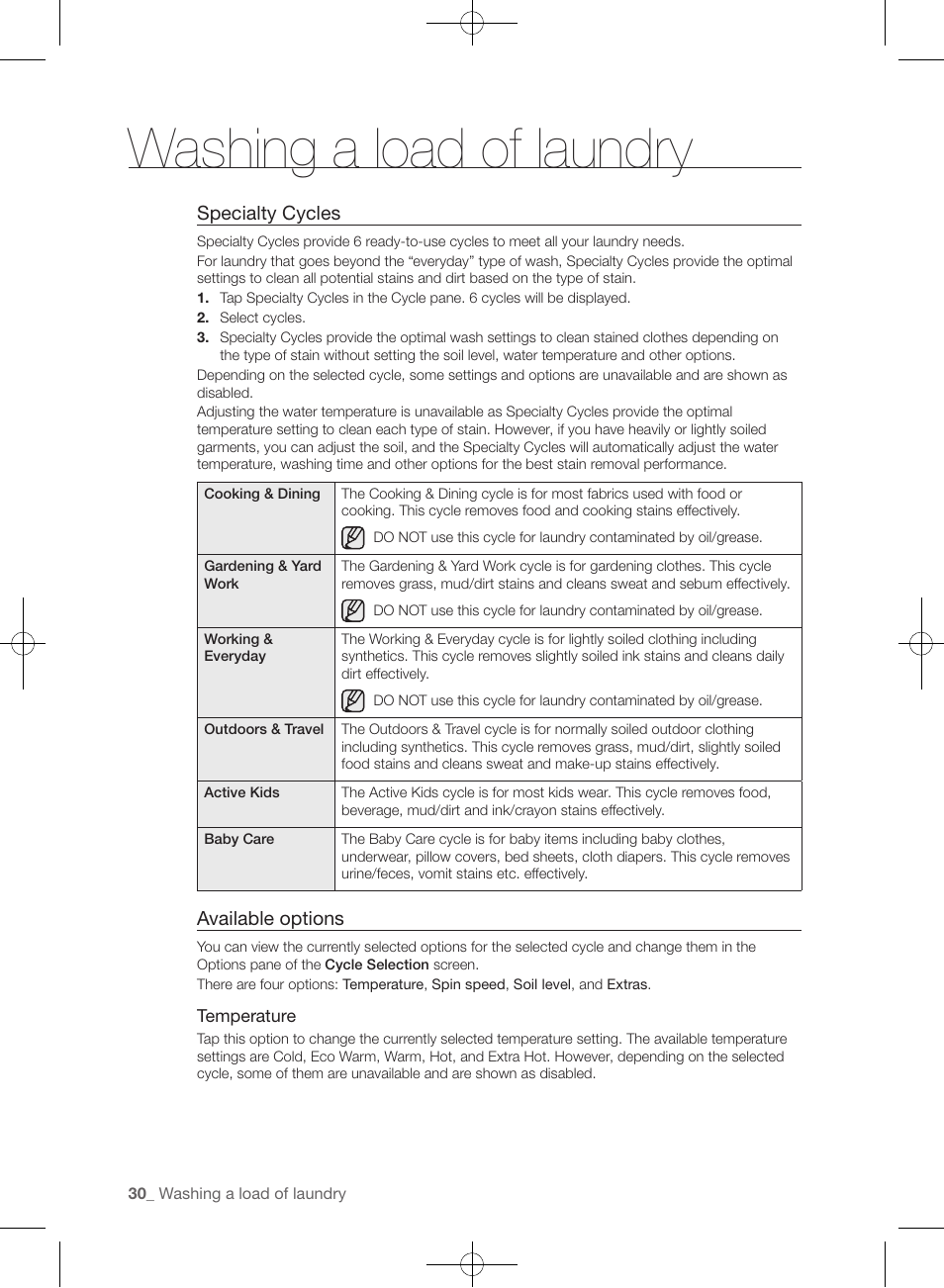 Washing a load of laundry, Specialty cycles, Available options | Samsung WF457ARGSGR-AA User Manual | Page 30 / 228