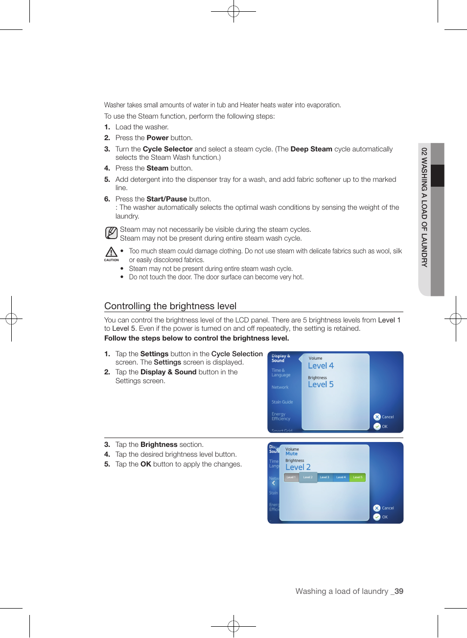 Controlling the brightness level | Samsung WF457ARGSGR-AA User Manual | Page 39 / 228