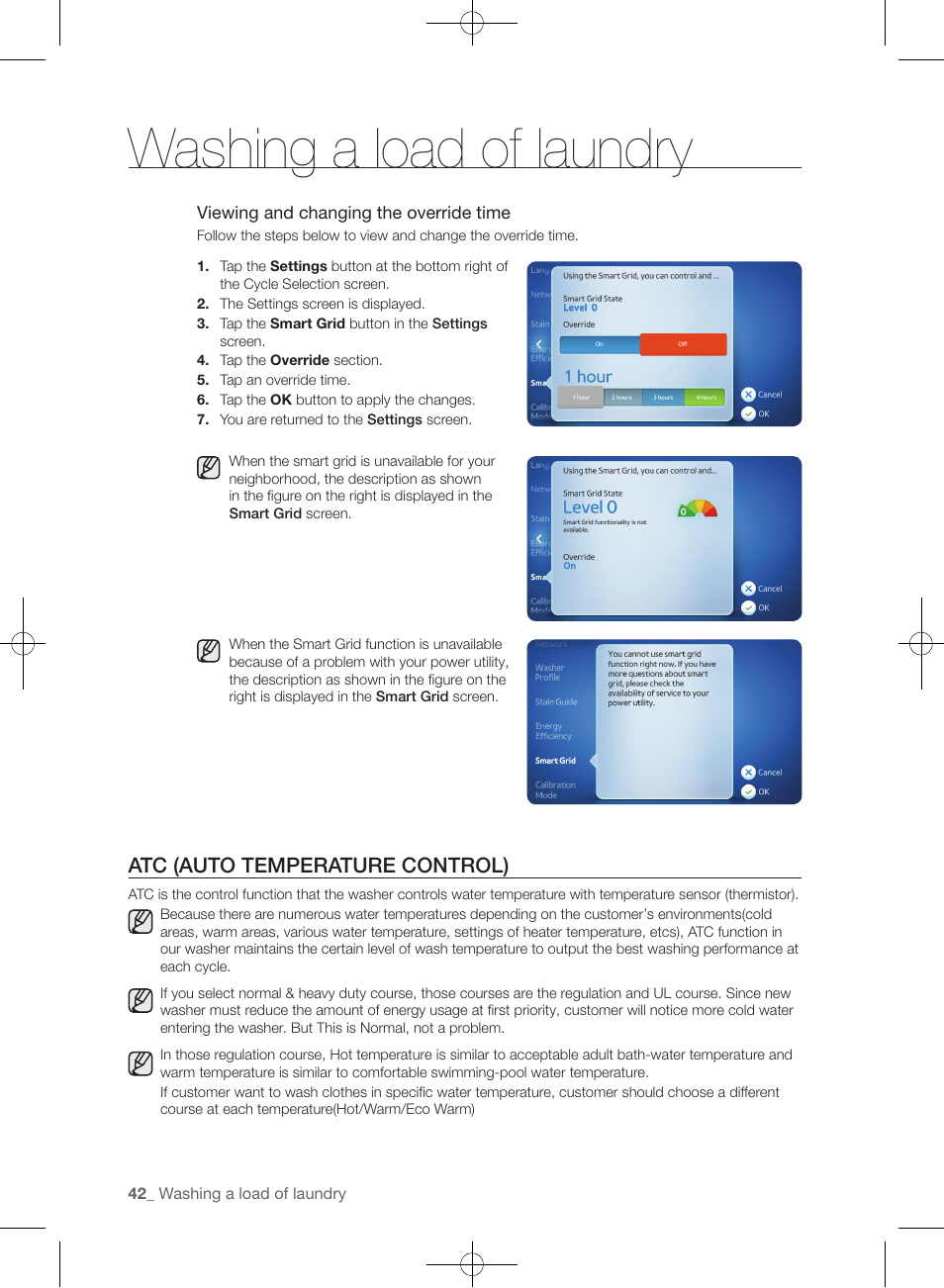 Washing a load of laundry, Atc (auto temperature control) | Samsung WF457ARGSGR-AA User Manual | Page 42 / 228