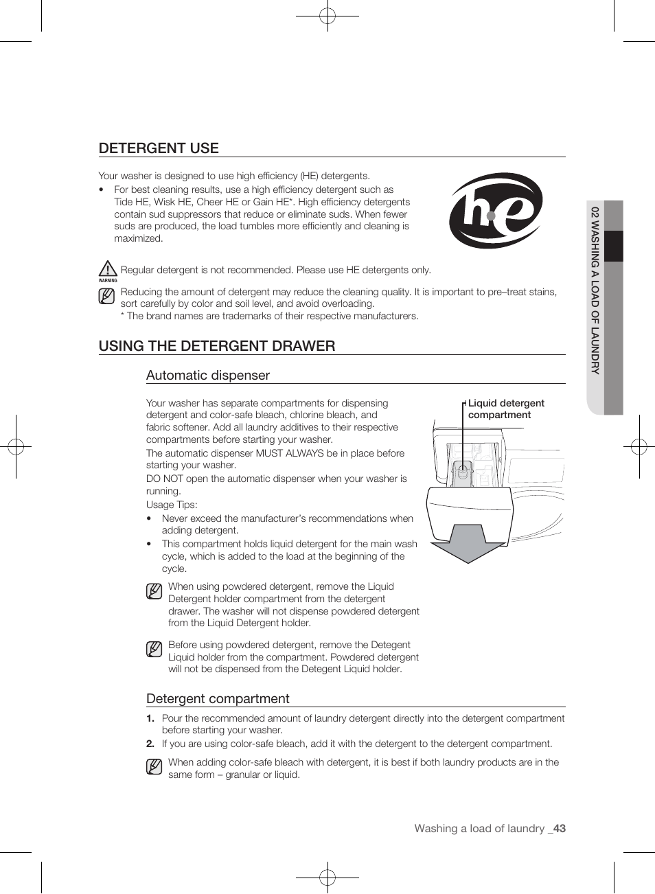 Detergent use, Using the detergent drawer, Automatic dispenser | Detergent compartment | Samsung WF457ARGSGR-AA User Manual | Page 43 / 228