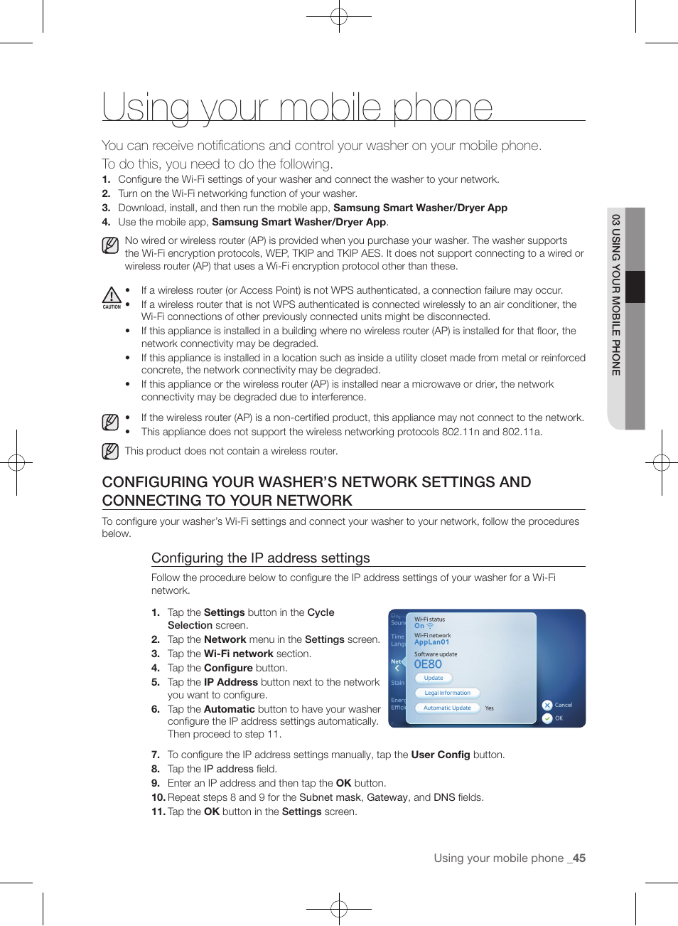 Using your mobile phone, Configuring the ip address settings | Samsung WF457ARGSGR-AA User Manual | Page 45 / 228