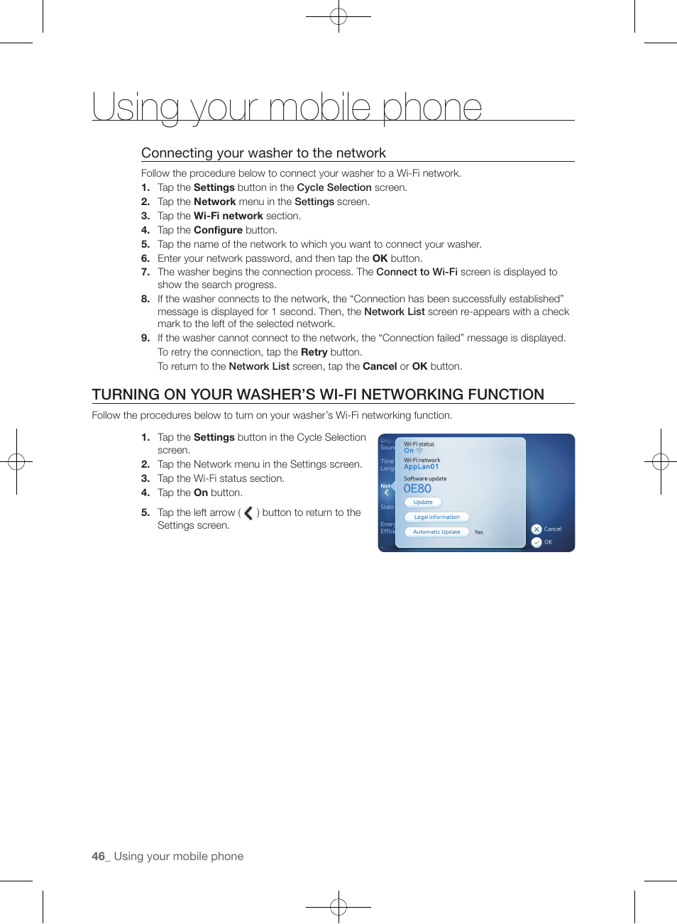 Using your mobile phone, Turning on your washer’s wi-fi networking function | Samsung WF457ARGSGR-AA User Manual | Page 46 / 228