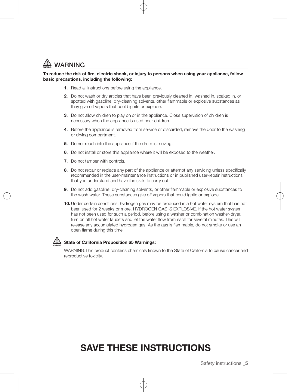 Save these instructions, Warning | Samsung WF457ARGSGR-AA User Manual | Page 5 / 228