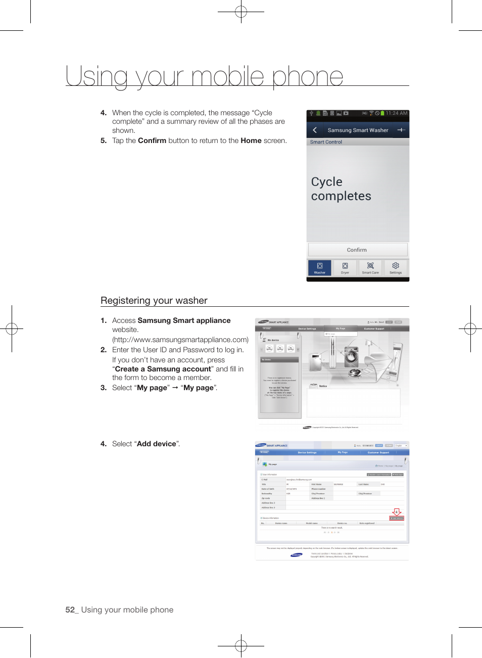 Using your mobile phone | Samsung WF457ARGSGR-AA User Manual | Page 52 / 228
