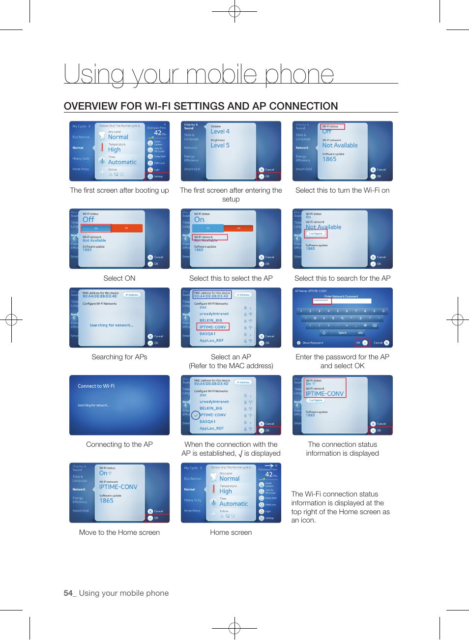 Using your mobile phone, Overview for wi-fi settings and ap connection | Samsung WF457ARGSGR-AA User Manual | Page 54 / 228