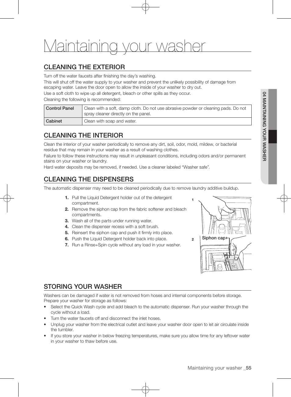 Maintaining your washer, Cleaning the exterior, Cleaning the interior | Cleaning the dispensers, Storing your washer | Samsung WF457ARGSGR-AA User Manual | Page 55 / 228