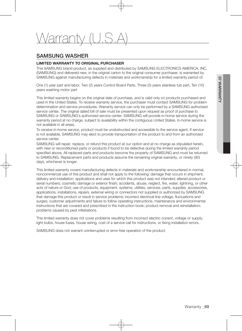 Warranty (u.s.a), Samsung washer | Samsung WF457ARGSGR-AA User Manual | Page 69 / 228