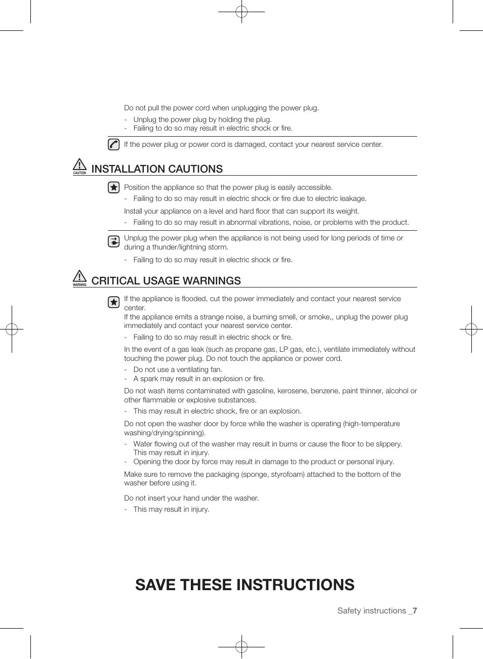 Save these instructions, Installation cautions, Critical usage warnings | Samsung WF457ARGSGR-AA User Manual | Page 7 / 228