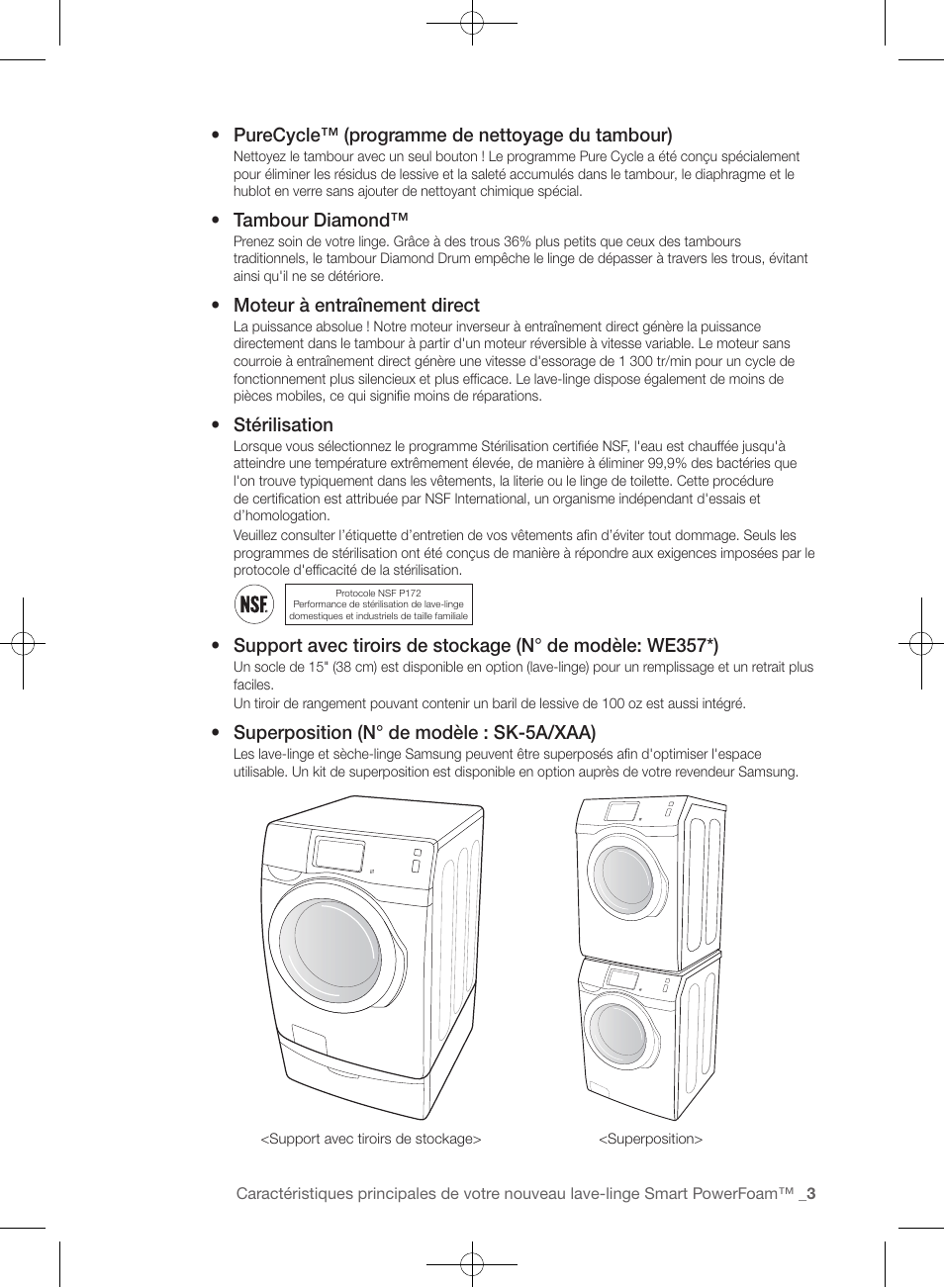 Purecycle™ (programme de nettoyage du tambour), Tambour diamond, Moteur à entraînement direct | Stérilisation, Superposition (n° de modèle : sk-5a/xaa) | Samsung WF457ARGSGR-AA User Manual | Page 79 / 228