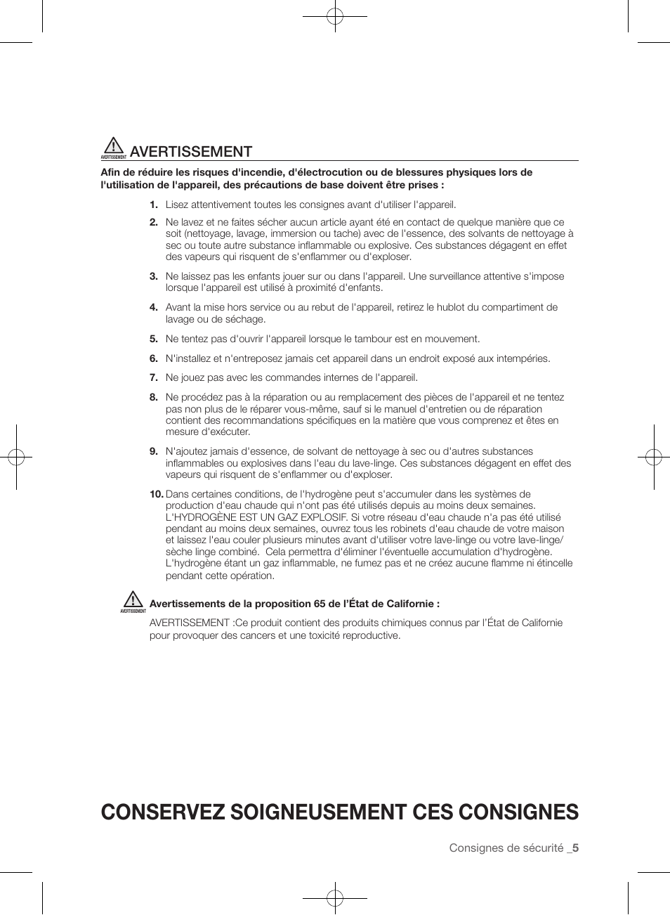 Conservez soigneusement ces consignes, Avertissement | Samsung WF457ARGSGR-AA User Manual | Page 81 / 228