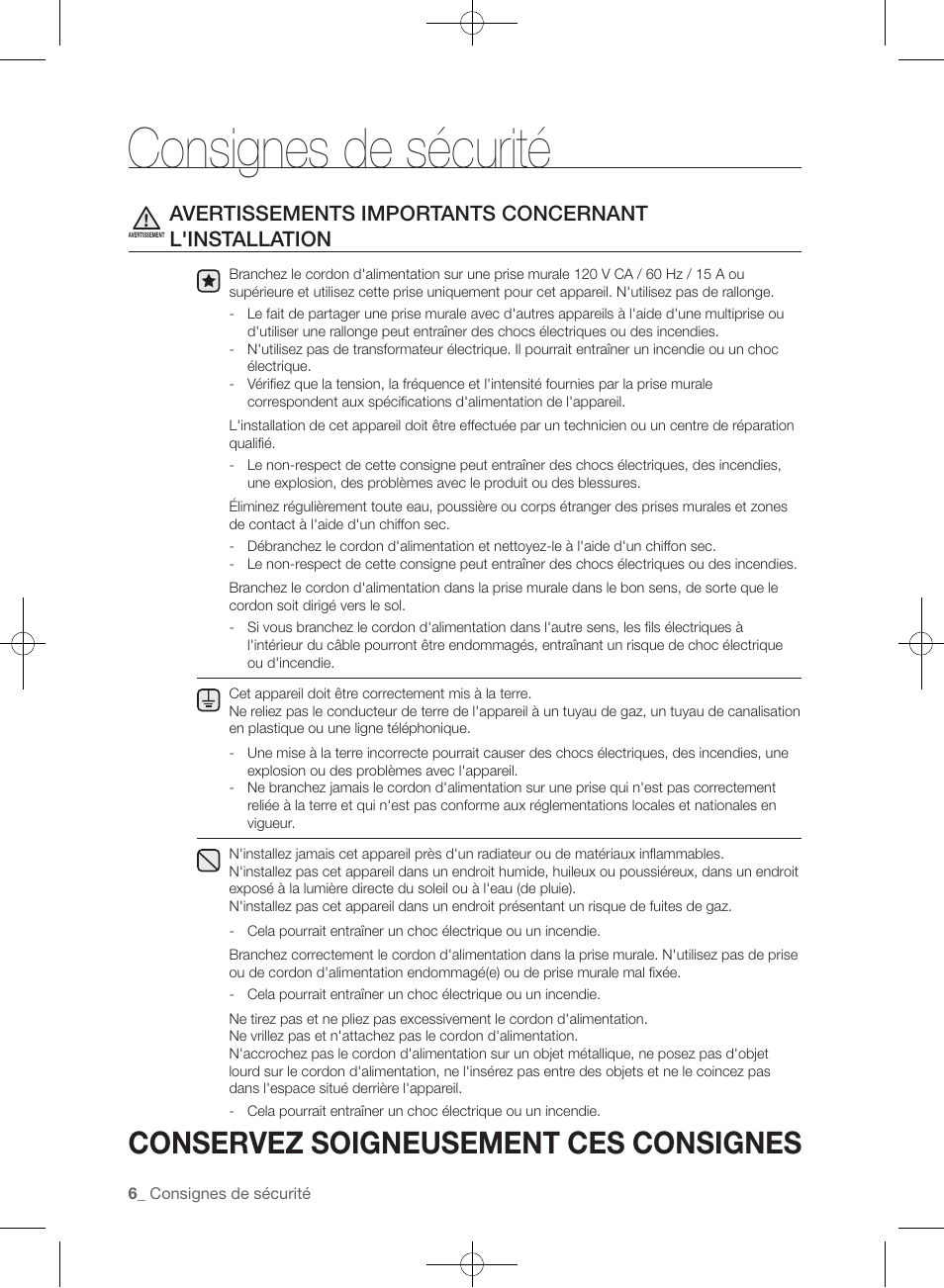 Consignes de sécurité, Conservez soigneusement ces consignes | Samsung WF457ARGSGR-AA User Manual | Page 82 / 228