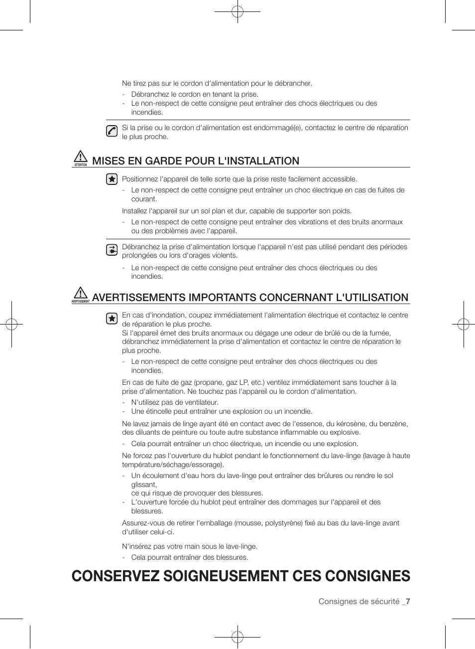 Conservez soigneusement ces consignes, Mises en garde pour l'installation, Avertissements importants concernant l'utilisation | Samsung WF457ARGSGR-AA User Manual | Page 83 / 228
