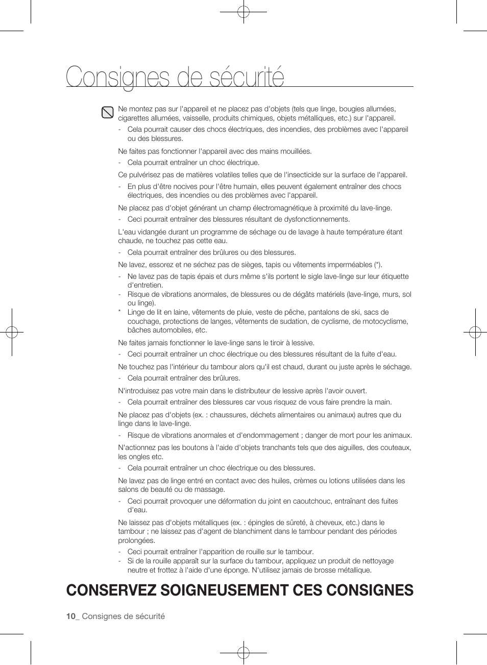 Consignes de sécurité, Conservez soigneusement ces consignes | Samsung WF457ARGSGR-AA User Manual | Page 86 / 228
