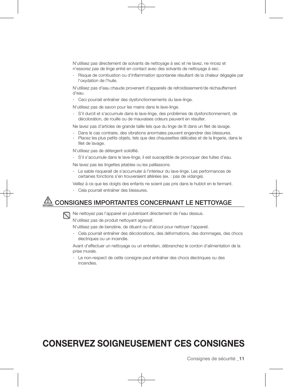 Conservez soigneusement ces consignes, Consignes importantes concernant le nettoyage | Samsung WF457ARGSGR-AA User Manual | Page 87 / 228