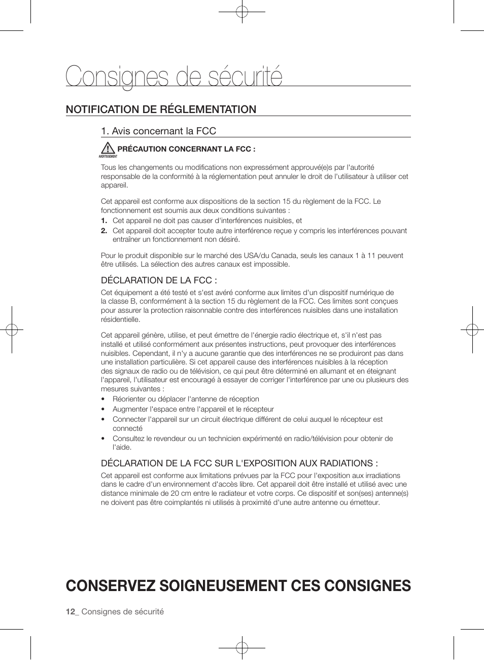 Consignes de sécurité, Conservez soigneusement ces consignes, Notification de réglementation | Samsung WF457ARGSGR-AA User Manual | Page 88 / 228