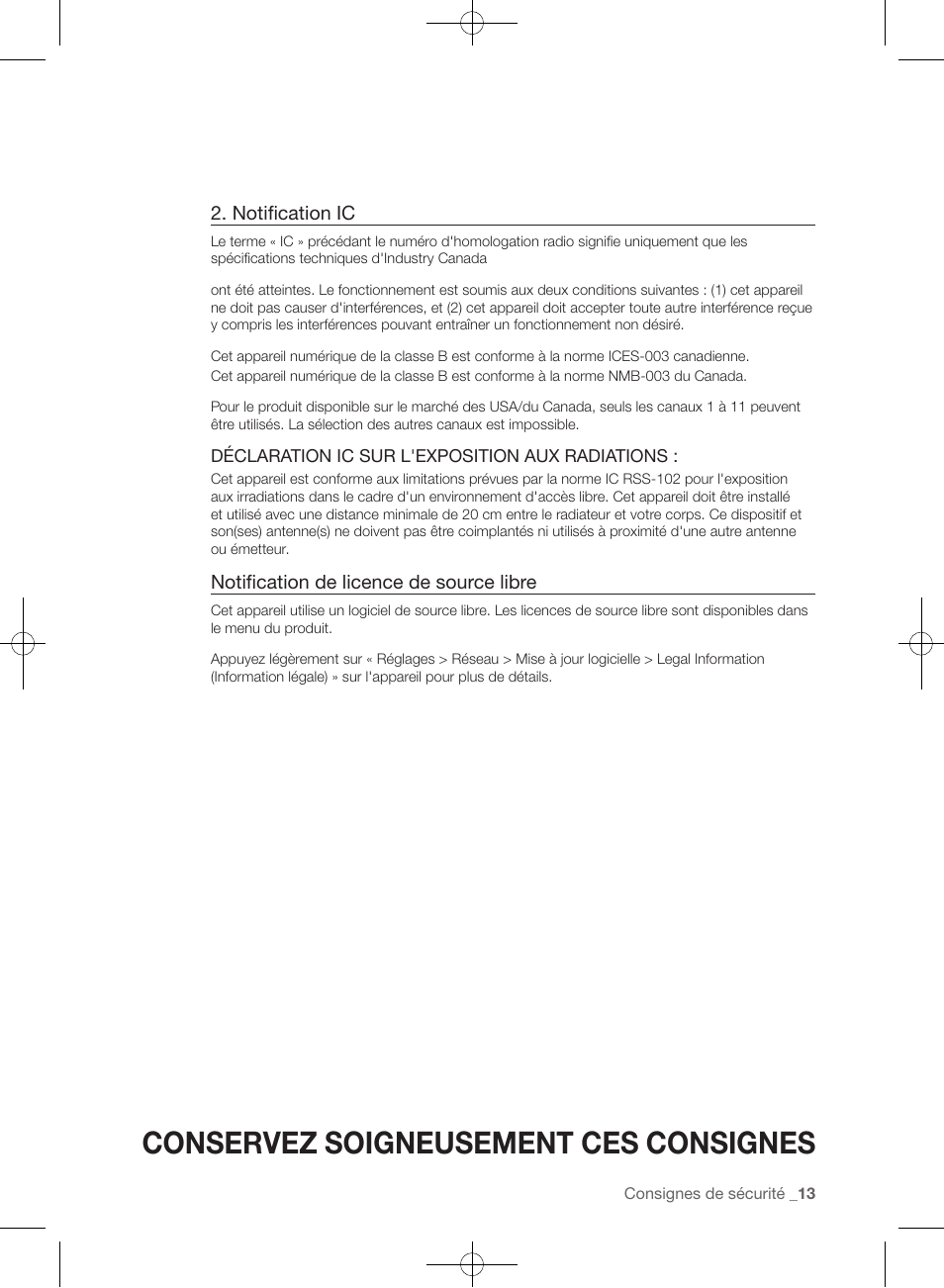 Conservez soigneusement ces consignes, Notification ic, Notification de licence de source libre | Samsung WF457ARGSGR-AA User Manual | Page 89 / 228