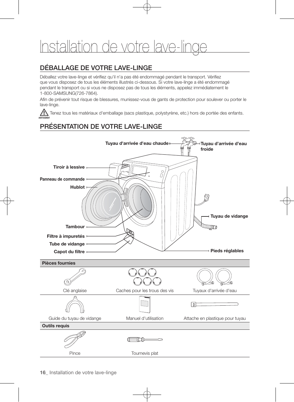 Installation de votre lave-linge, Déballage de votre lave-linge, Présentation de votre lave-linge | Samsung WF457ARGSGR-AA User Manual | Page 92 / 228
