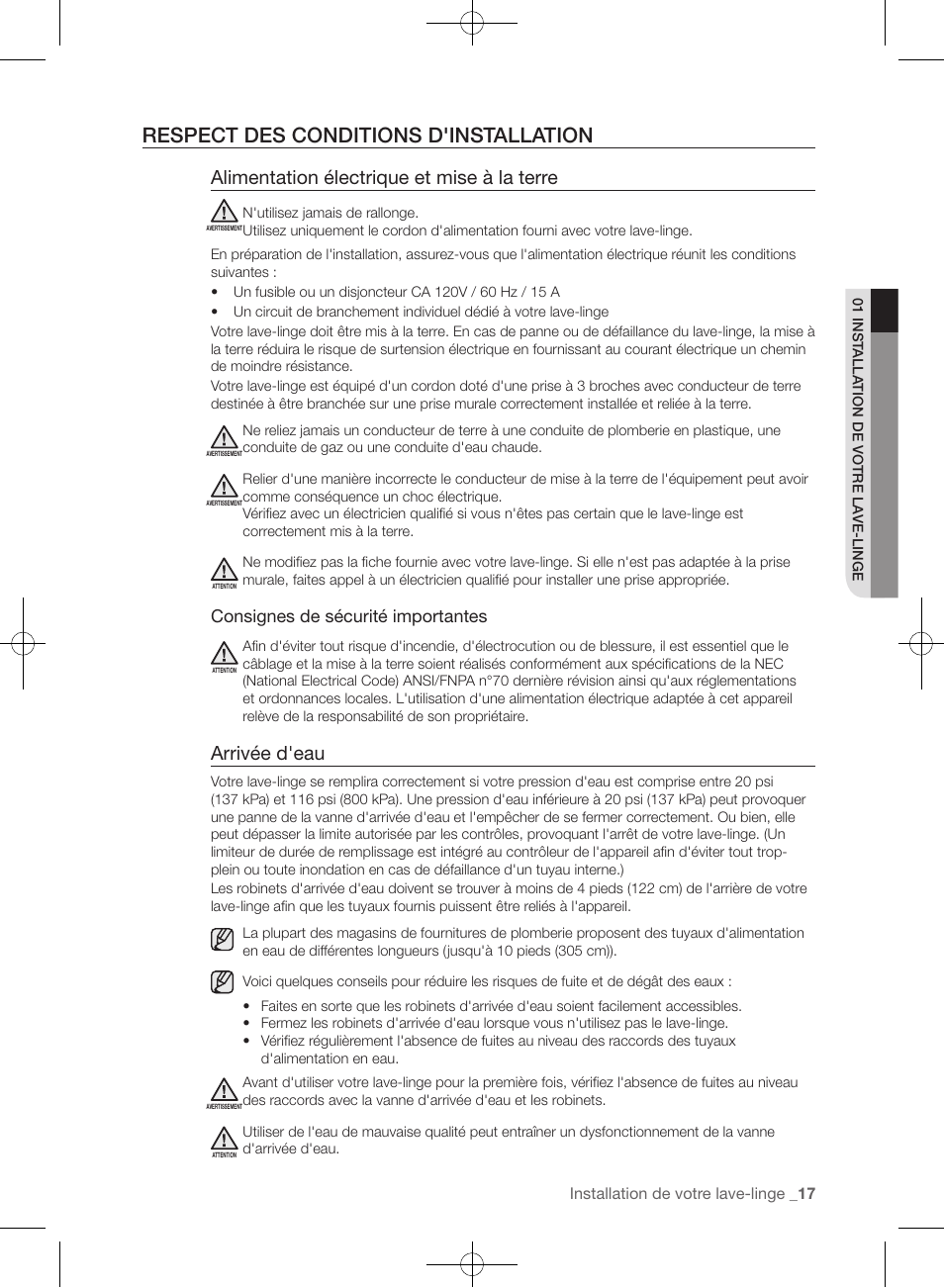 Respect des conditions d'installation, Alimentation électrique et mise à la terre, Arrivée d'eau | Consignes de sécurité importantes | Samsung WF457ARGSGR-AA User Manual | Page 93 / 228