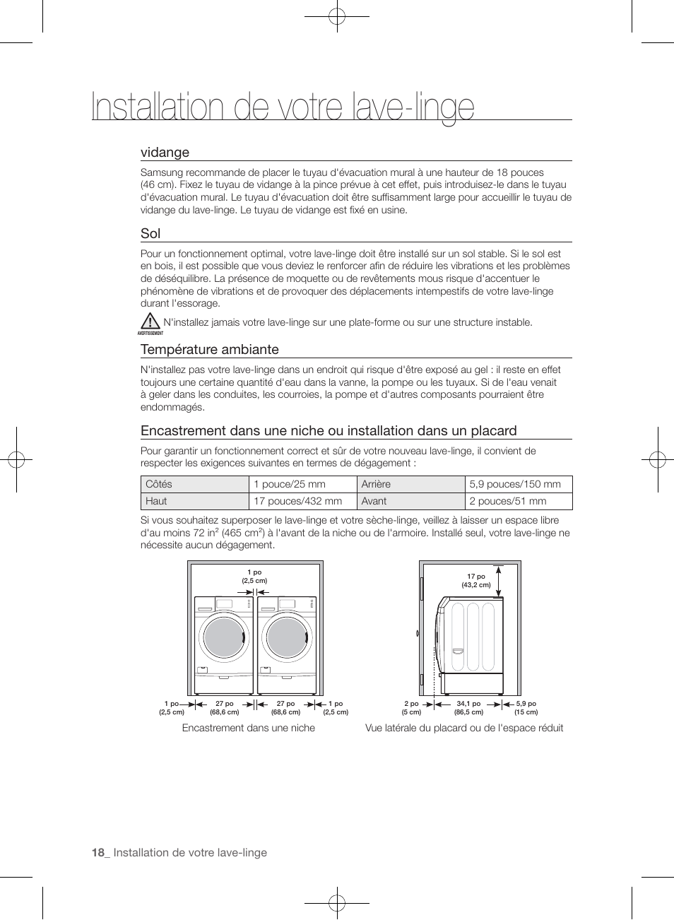 Installation de votre lave-linge, Vidange, Température ambiante | Samsung WF457ARGSGR-AA User Manual | Page 94 / 228