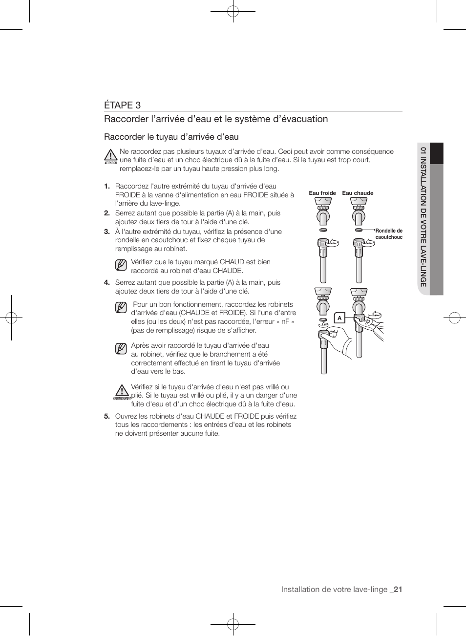 Raccorder le tuyau d’arrivée d’eau | Samsung WF457ARGSGR-AA User Manual | Page 97 / 228