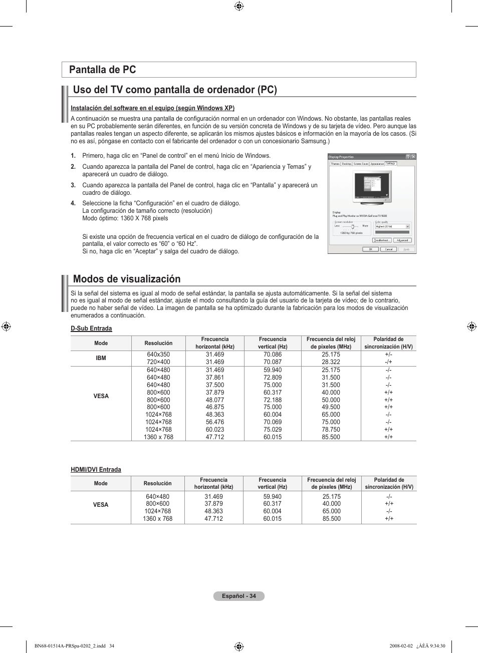 Uso del tv como pantalla de ordenador (pc), Modos de visualización pantalla de pc | Samsung LN26A330J1DXZA User Manual | Page 100 / 129