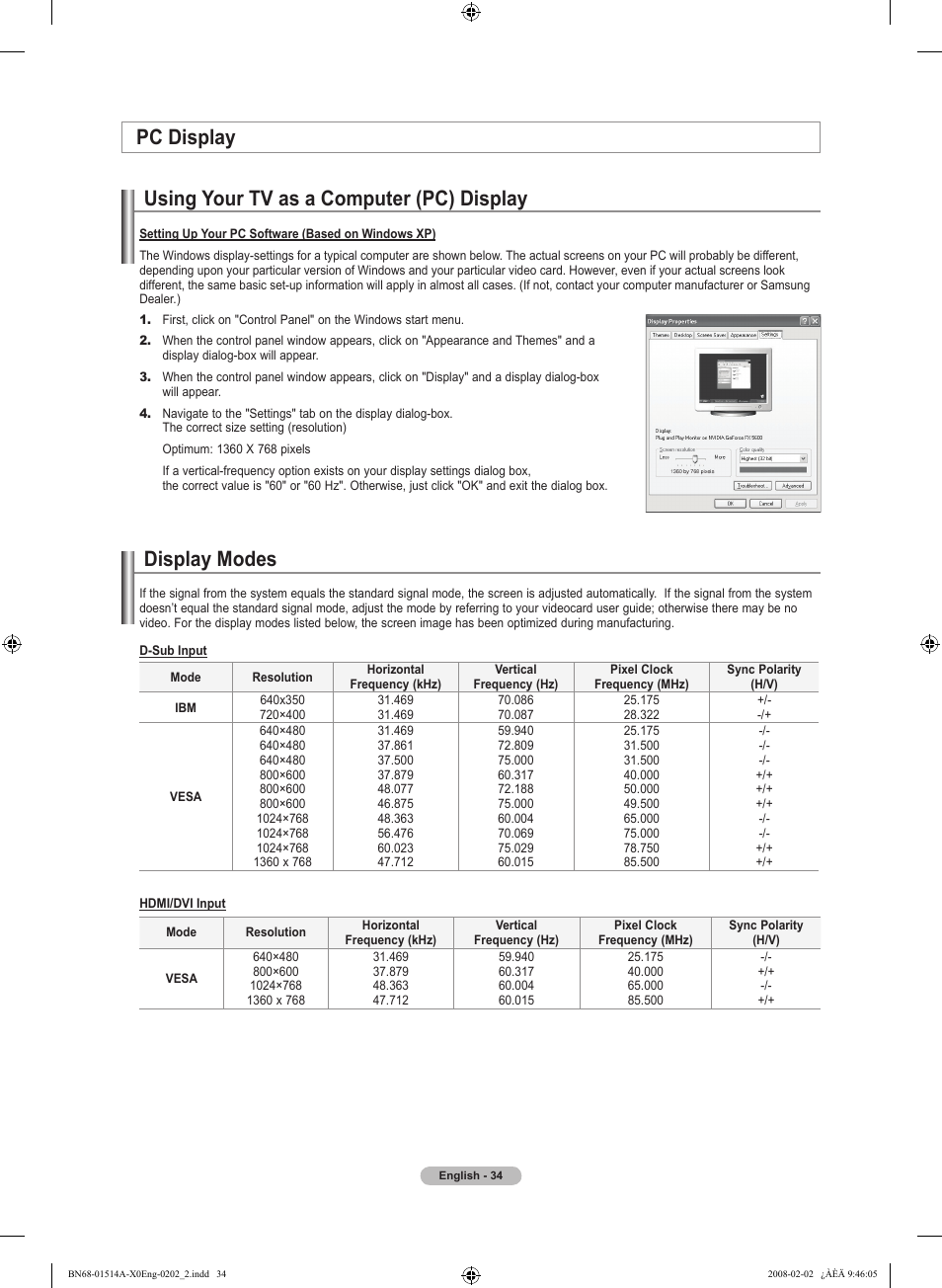 Pc display, Using your tv as a computer (pc) display, Display modes | Pc display display modes | Samsung LN26A330J1DXZA User Manual | Page 36 / 129