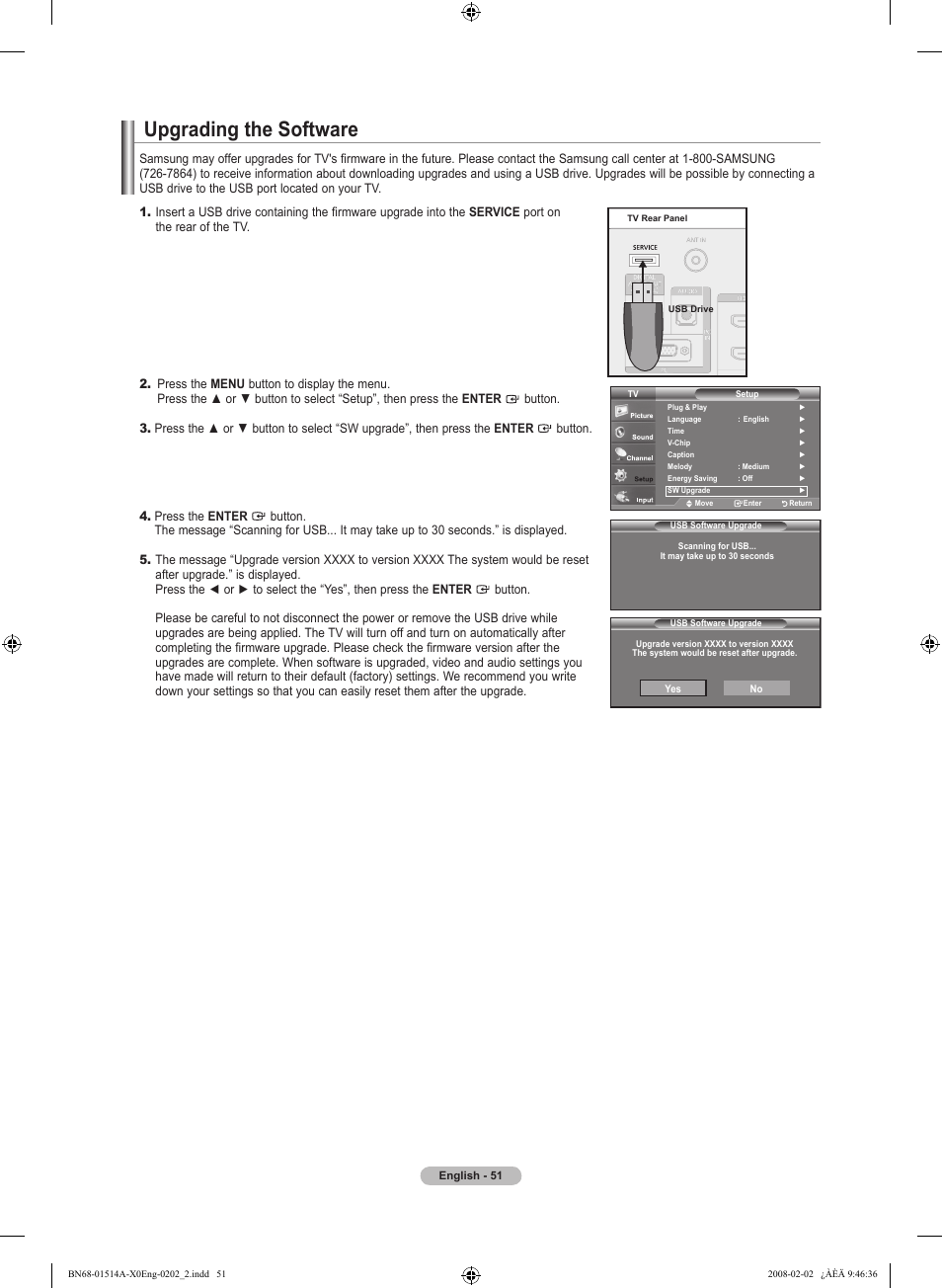 Upgrading the software | Samsung LN26A330J1DXZA User Manual | Page 53 / 129
