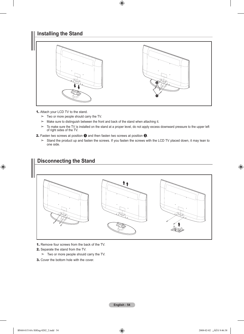 Installing the stand, Disconnecting the stand | Samsung LN26A330J1DXZA User Manual | Page 56 / 129