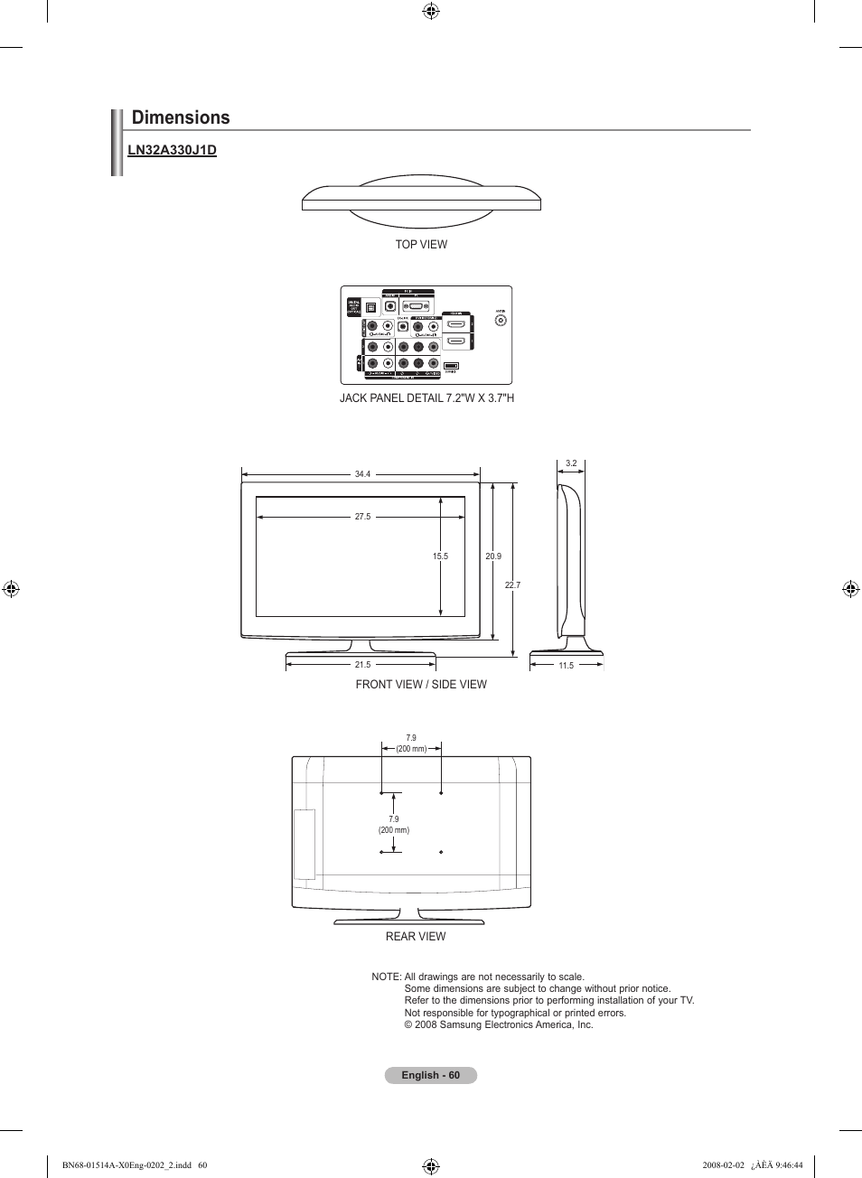 Dimensions | Samsung LN26A330J1DXZA User Manual | Page 62 / 129