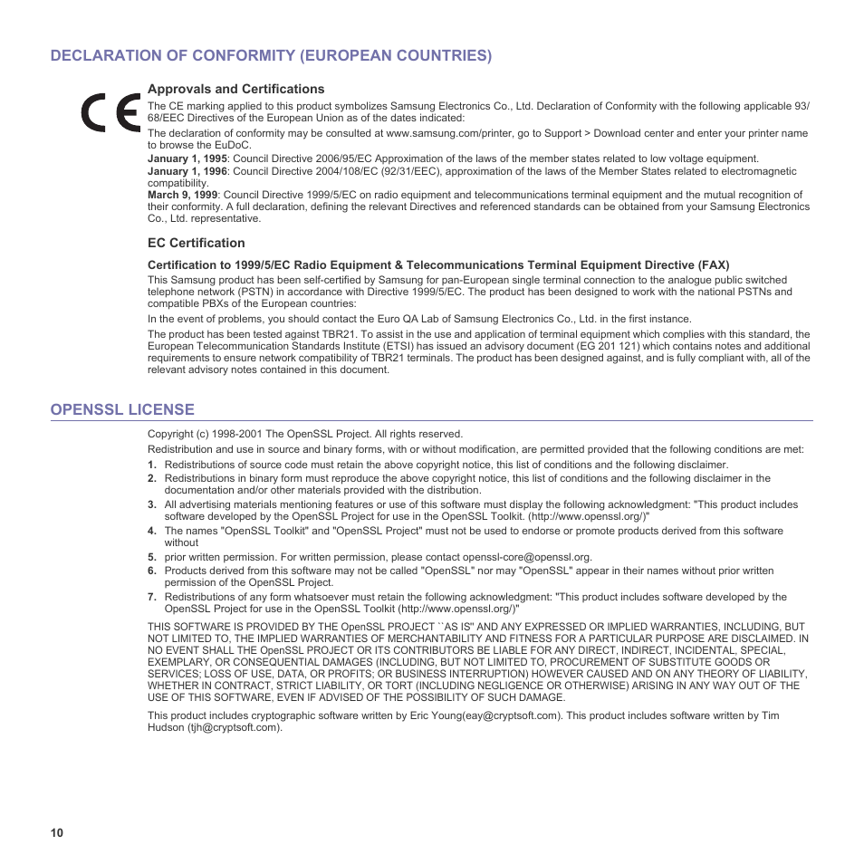 Declaration of conformity (european countries), Openssl license | Samsung SCX-6555N-XBG User Manual | Page 10 / 187