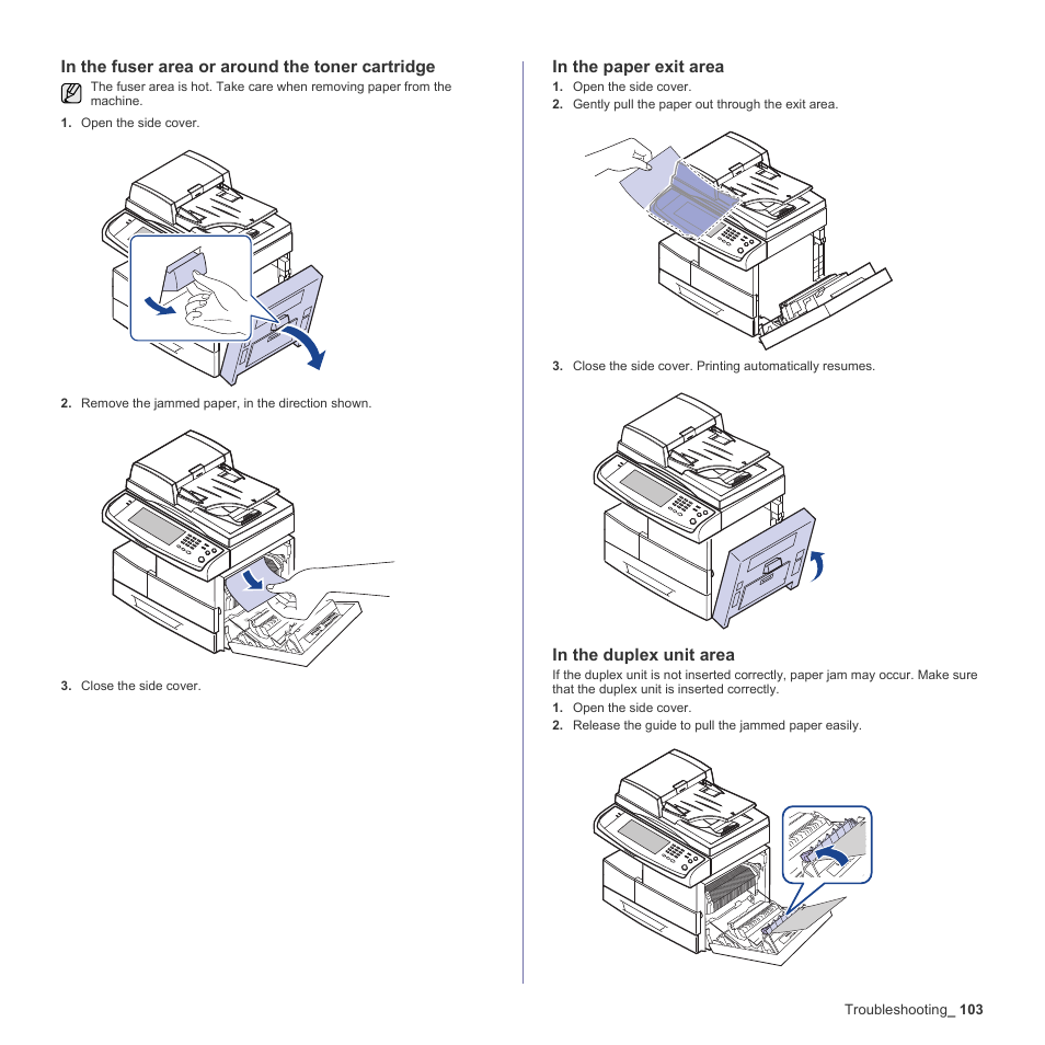 In the fuser area or around the toner cartridge, In the paper exit area, In the duplex unit area | See "in the fuser area, Or around the toner, See "in the paper exit, See "in the duplex unit | Samsung SCX-6555N-XBG User Manual | Page 103 / 187