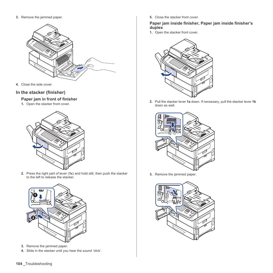 In the stacker (finisher), See "paper jam in front, Of finisher" on | See "paper jam inside, Finisher, paper jam, Inside finisher’s | Samsung SCX-6555N-XBG User Manual | Page 104 / 187