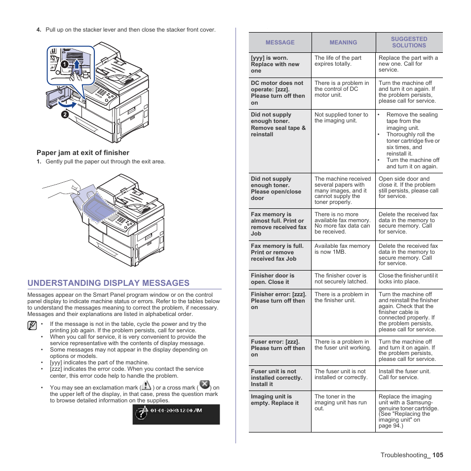 Understanding display messages, 105 understanding display messages, Ge. (see | Understanding display messages" on, See "paper jam at exit, Of finisher" on | Samsung SCX-6555N-XBG User Manual | Page 105 / 187