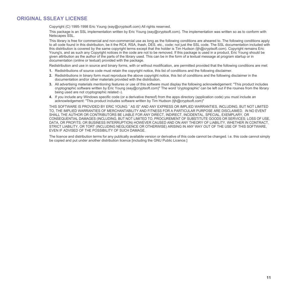 Original ssleay license | Samsung SCX-6555N-XBG User Manual | Page 11 / 187