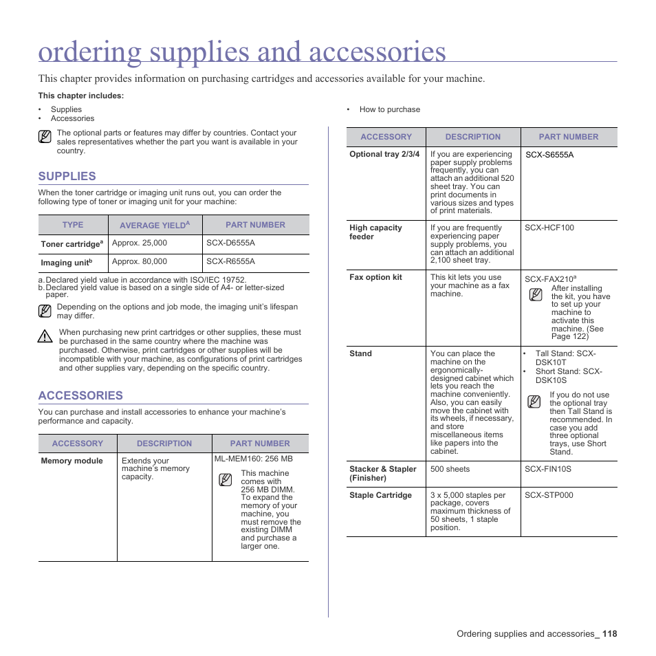 Ordering supplies and accessories, Supplies, Accessories | 118 supplies 118 accessories, See "staple, Cartridge" on | Samsung SCX-6555N-XBG User Manual | Page 118 / 187