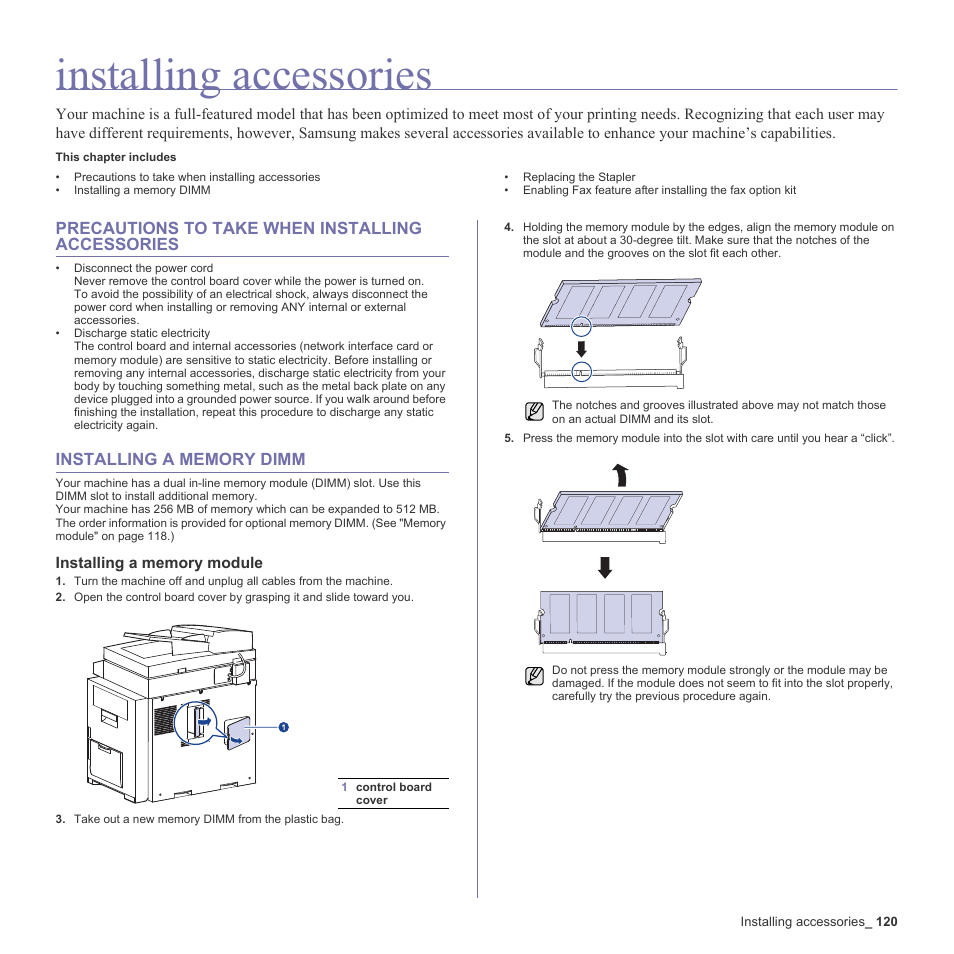 Installing accessories, Precautions to take when installing accessories, Installing a memory dimm | Installing a memory module | Samsung SCX-6555N-XBG User Manual | Page 120 / 187