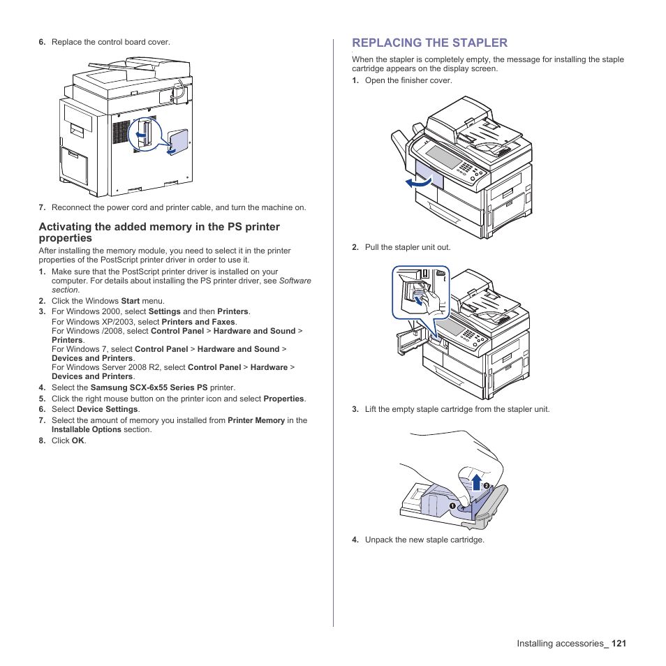 Replacing the stapler, 121 replacing the stapler, See "replacing the | Oor. (see "replacing, The stapler" on | Samsung SCX-6555N-XBG User Manual | Page 121 / 187
