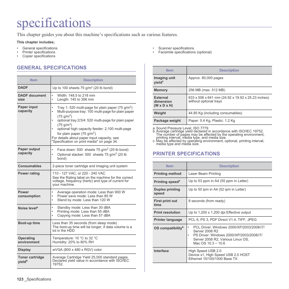 Specifications, General specifications, Printer specifications | See "dadf, Document size" on, General specifications printer specifications | Samsung SCX-6555N-XBG User Manual | Page 123 / 187
