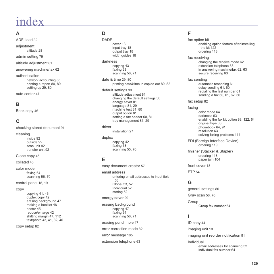 Index | Samsung SCX-6555N-XBG User Manual | Page 129 / 187