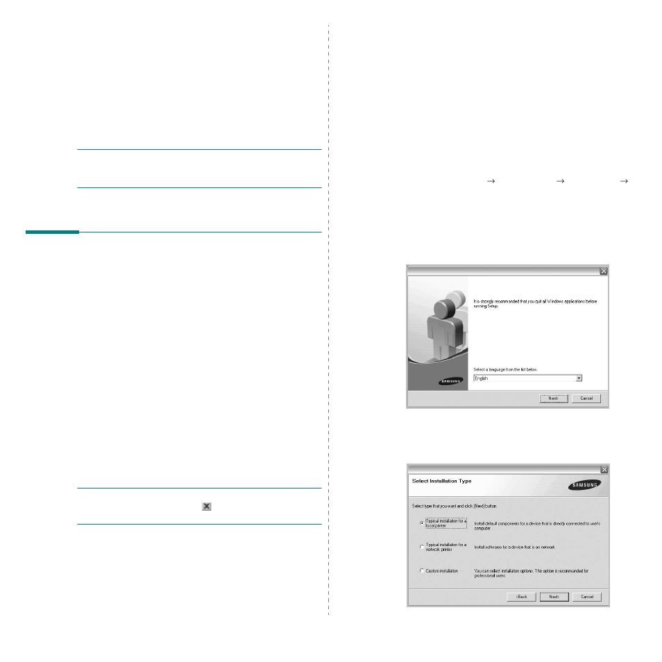 Installing printer software in windows, Installing printer software, Installing software for local printing | Samsung SCX-6555N-XBG User Manual | Page 141 / 187