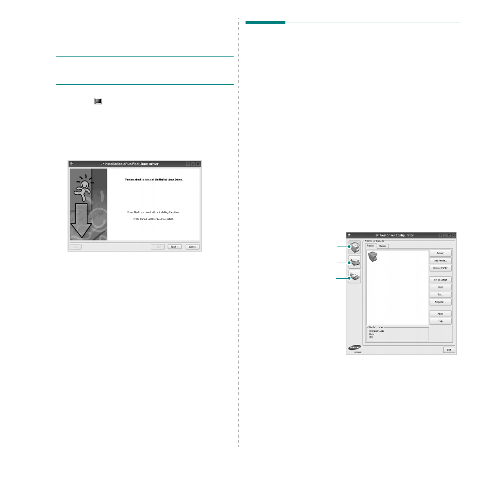 Uninstalling the unified linux driver, Using the unified driver configurator, Opening the unified driver configurator | Samsung SCX-6555N-XBG User Manual | Page 173 / 187