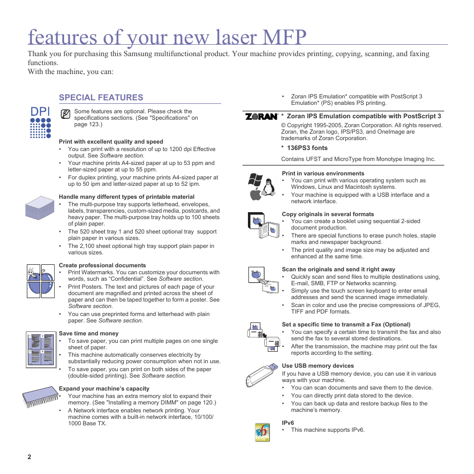 Features of your new laser mfp, Special features | Samsung SCX-6555N-XBG User Manual | Page 2 / 187