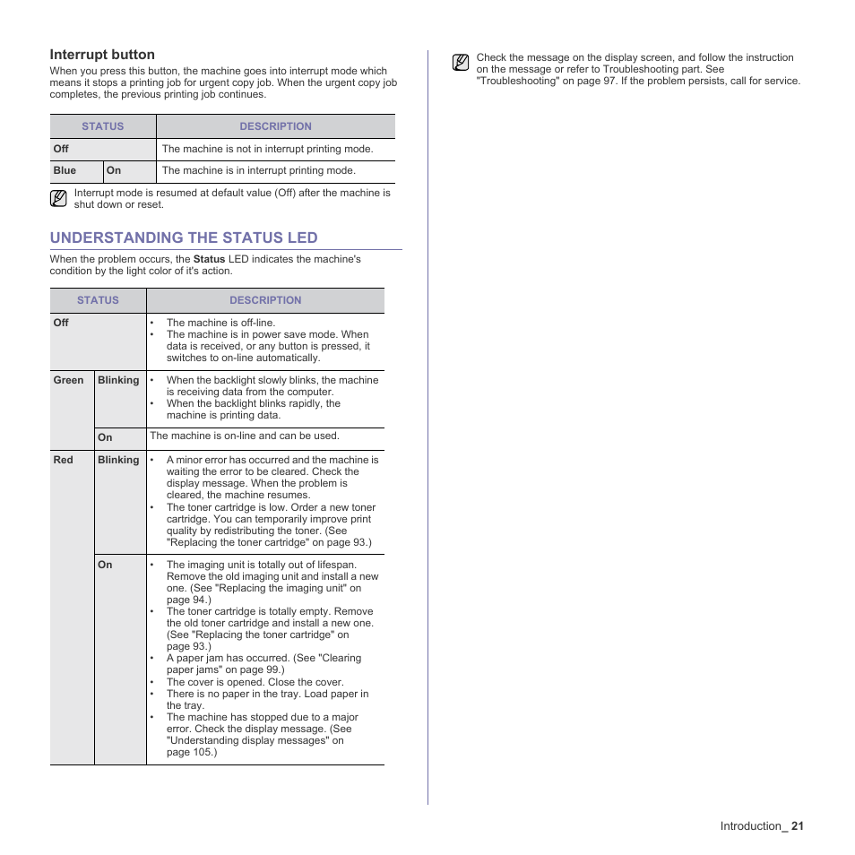 Interrupt button, Understanding the status led, 21 understanding the status led | Samsung SCX-6555N-XBG User Manual | Page 21 / 187