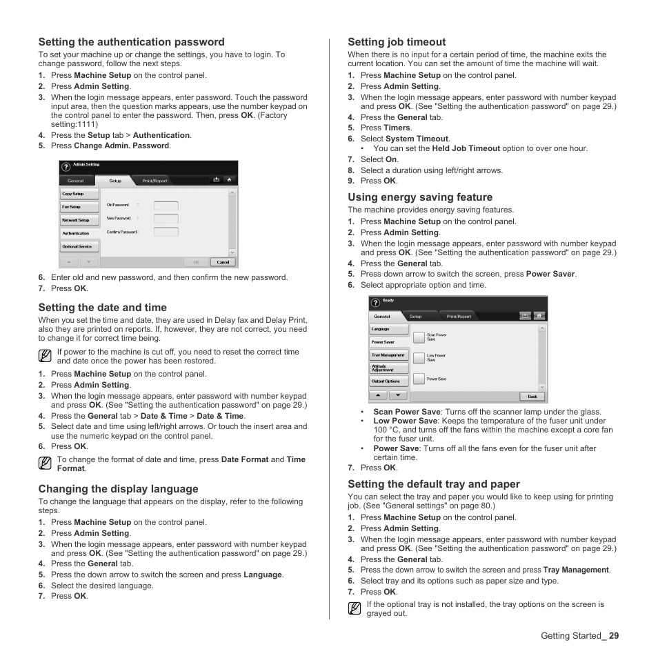 Setting the authentication password, Setting the date and time, Changing the display language | Setting job timeout, Using energy saving feature, Setting the default tray and paper | Samsung SCX-6555N-XBG User Manual | Page 29 / 187